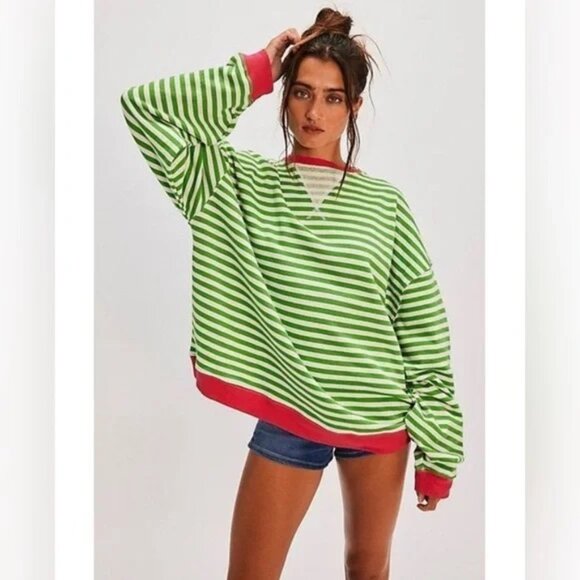 NWT Free People Classic Striped Oversized Crewneck Watermelon Combo size- SMALL - Picture 1 of 2
